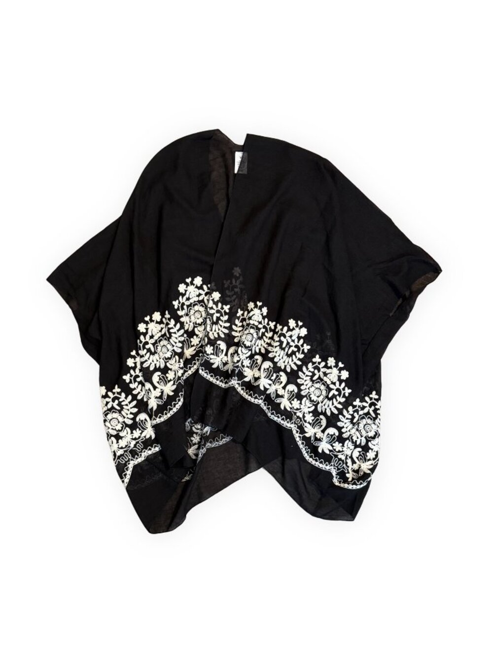 Black Embroidered Floral Kimono Wrap Poncho Boho One Size Shawl Top